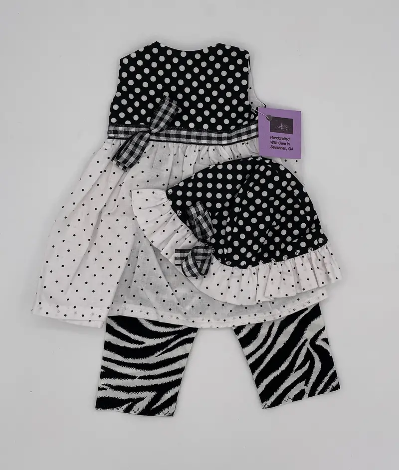18" Doll Outfit Set – Black-And-White Dotted Dress, Hat & Zebra-Print Pants 1
