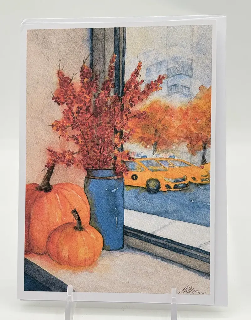 Autumn Cab-And-Pumpkin Scene Greeting Card 1
