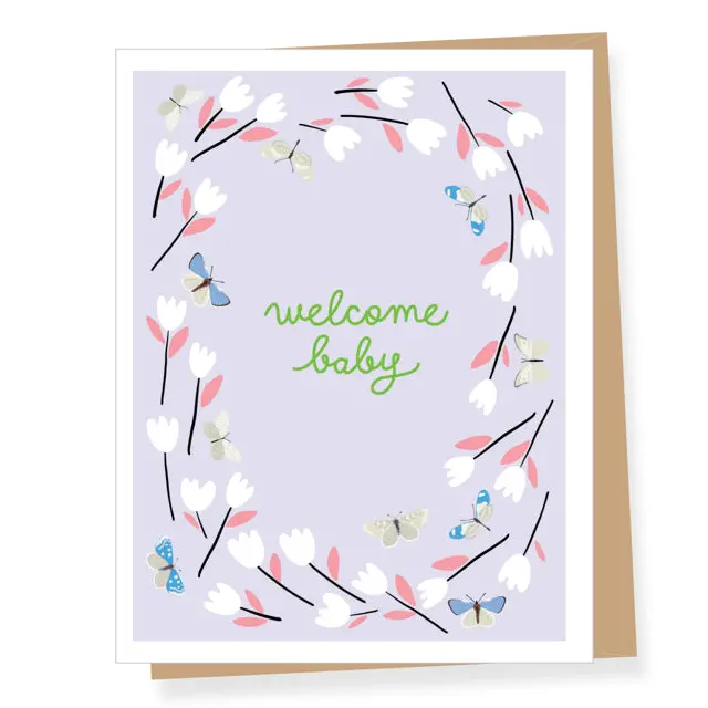 Botanical Baby Card With Flowers And Butterflies 1