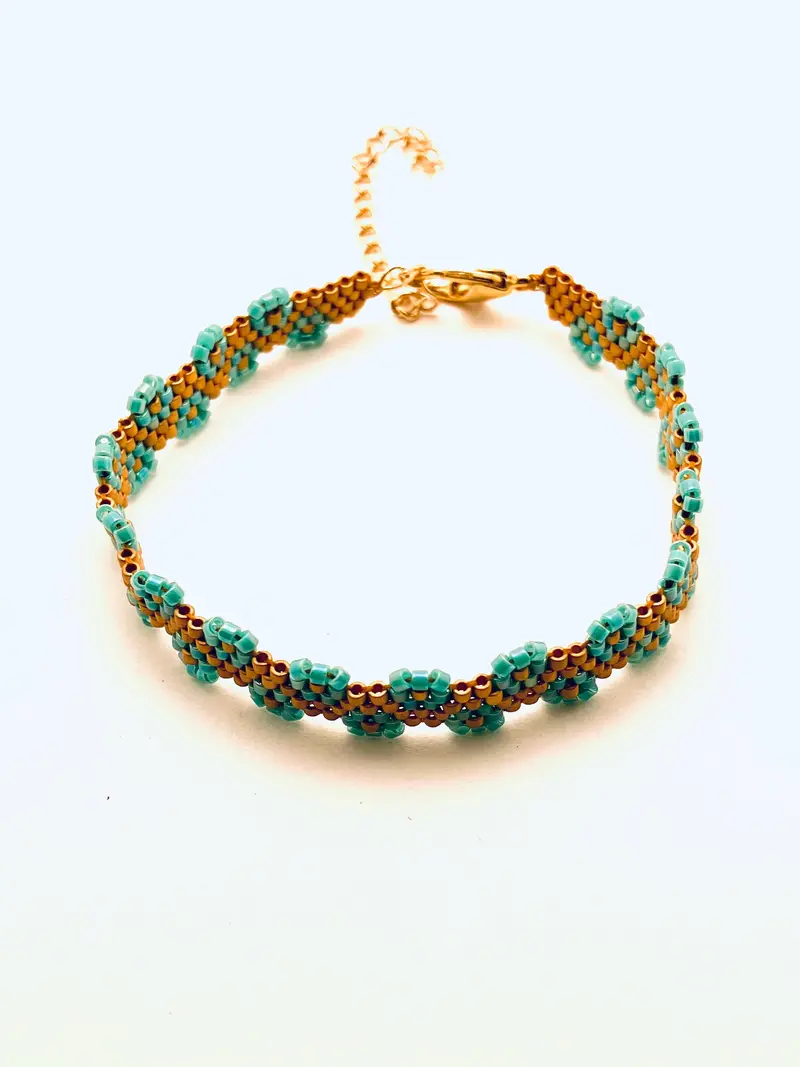 Copper And Turquoise Four-Row Floral Edge Beaded Bracelet 1