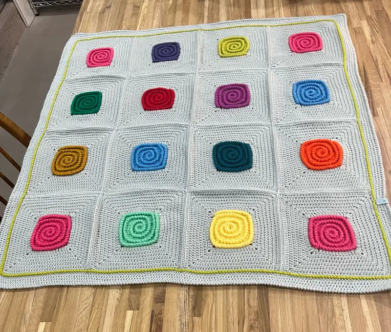 Granny Square Crochet Blanket – 36X36 Inches, Light Grey & Bright Accents 1