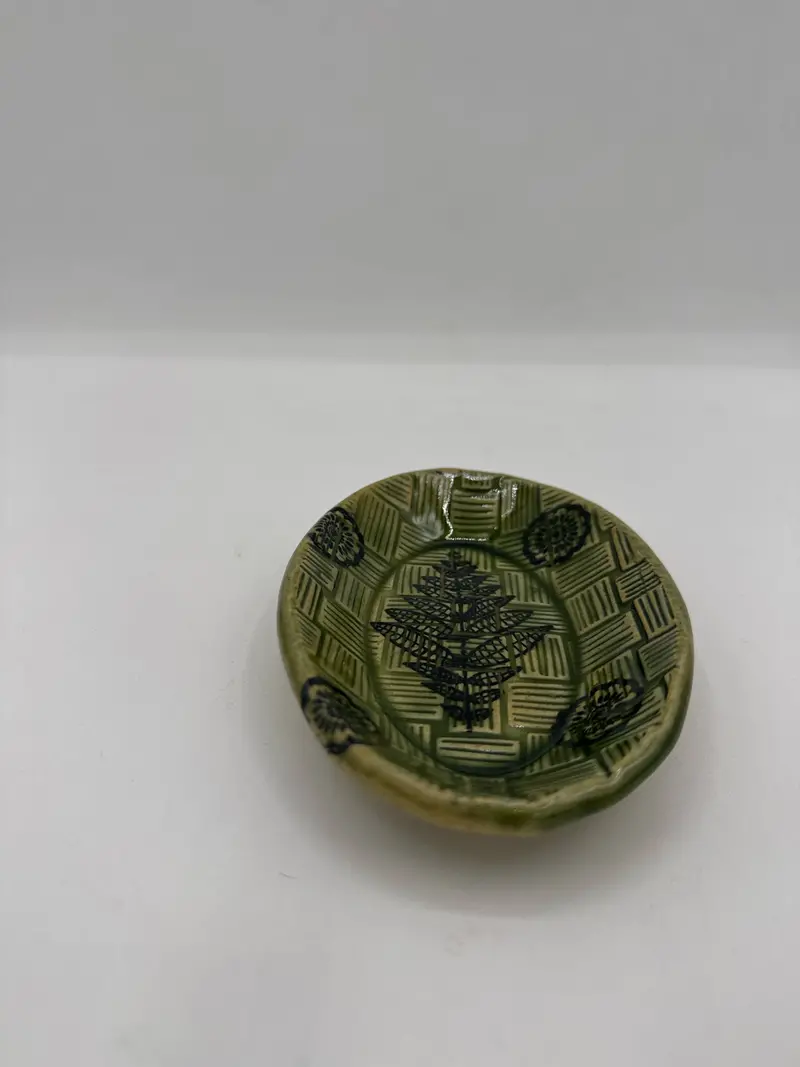 Handcrafted Green Oval Ceramic Trinket Dish With Floral Motif 1