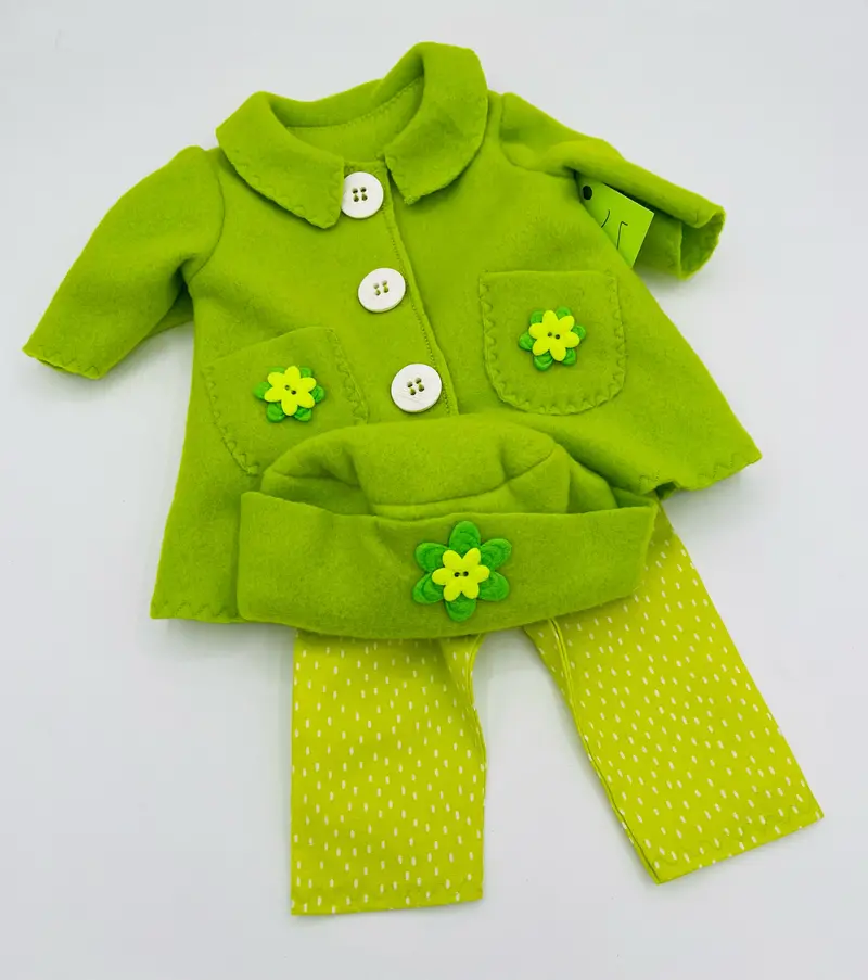 Lime Green And White Fleece Outfit For 18-Inch Doll – Coat, Hat & Pants 1