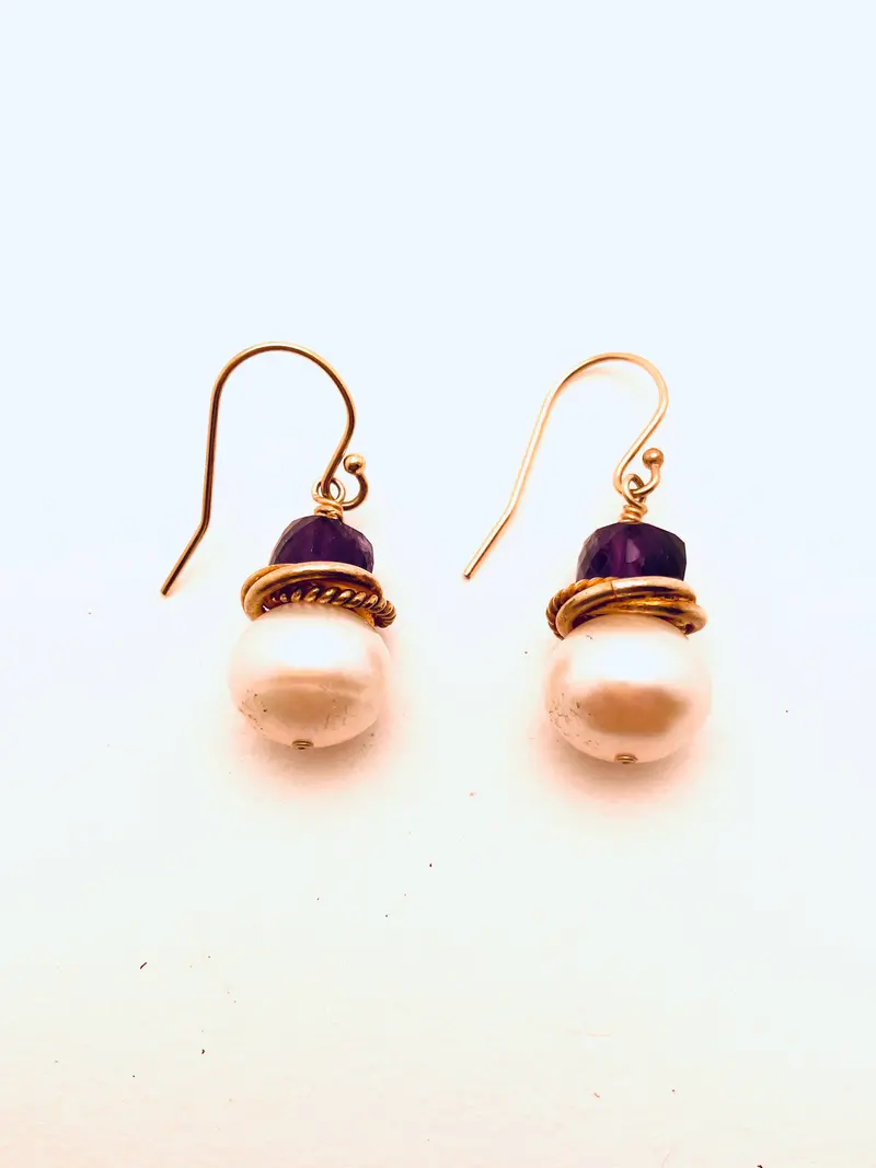 Pearl And Amethyst Cube Dangle Earrings 1
