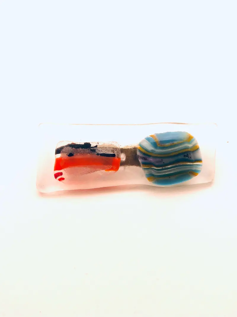 Small Blue-And-Orange Fused Glass Brooch – Vibrant Rectangular Glass Pin 1