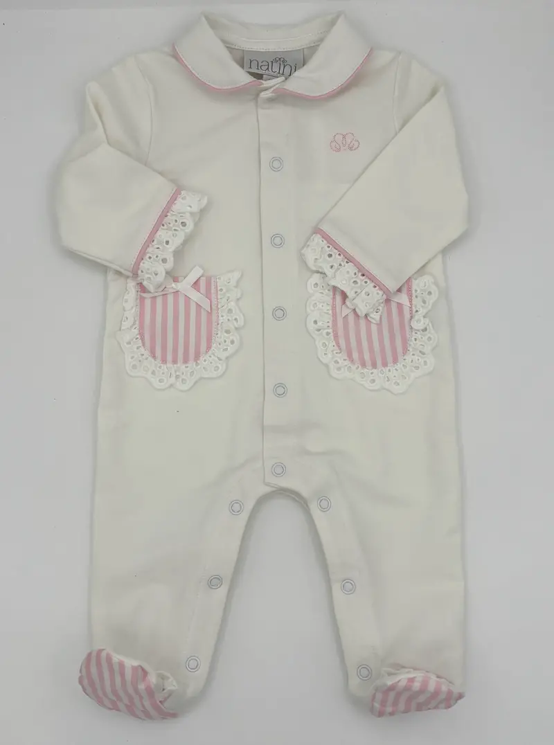 White Footed Romper For 3-Month-Olds – Pink Striped Trim 1
