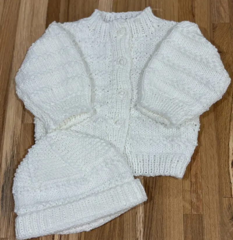 White Striped Acrylic Knit Sweater And Matching Hat – 6 To 12 Months 1