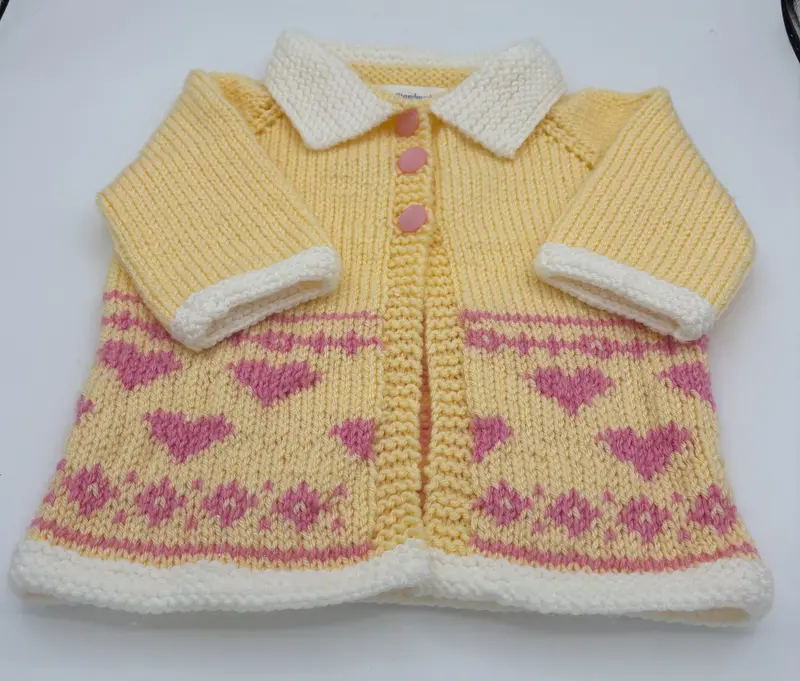 Yellow-And-White Acrylic Knit Coat With Pink Heart Accents – 12 To 18 Months 1