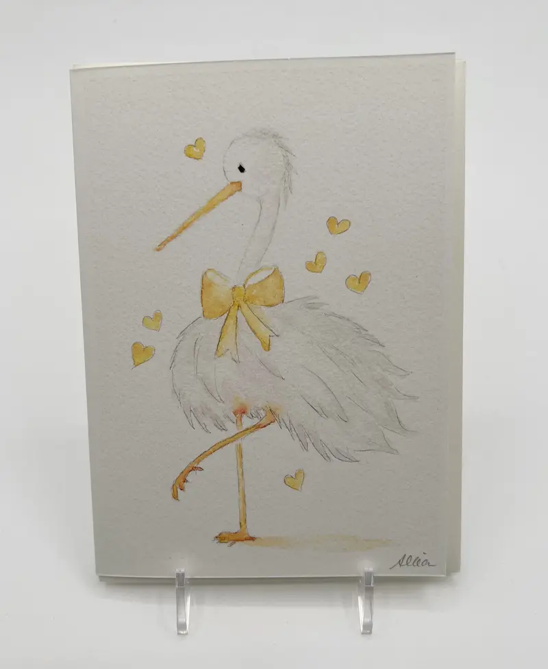 Yellow Stork New Baby Card – Classic Birth Announcement Illustration 1