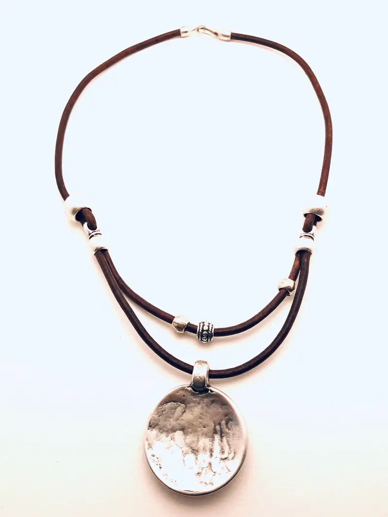 Zamak Leather Necklace With Polished Round Pendant 1