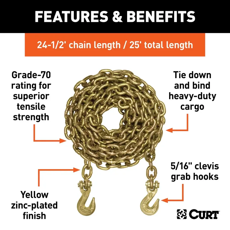 Curt Heavy-Duty Transport Safety Chain – 25-Foot, 18,800-Lb Capacity With Clevis Hooks 1